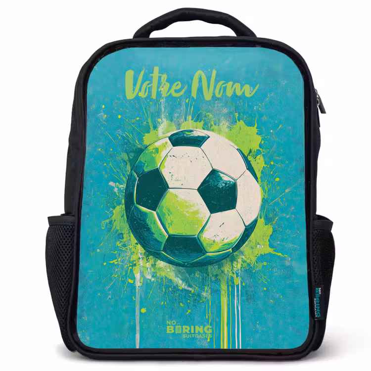 Sac à dos enfant avec votre nom - Noir - Vibrations footballistiques - Éclaboussures de peinture - Vert - Bleu — 1