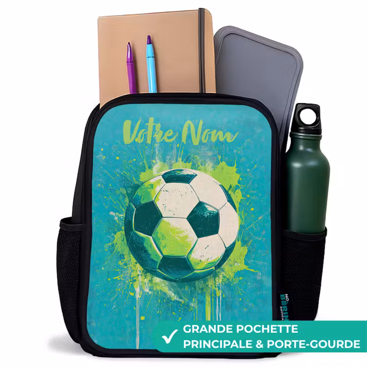 Sac à dos enfant avec votre nom - Noir - Vibrations footballistiques - Éclaboussures de peinture - Vert - Bleu — 10