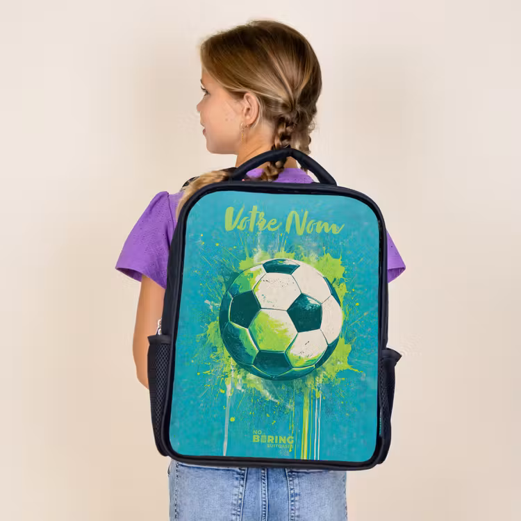 Sac à dos enfant avec votre nom - Noir - Vibrations footballistiques - Éclaboussures de peinture - Vert - Bleu — 4