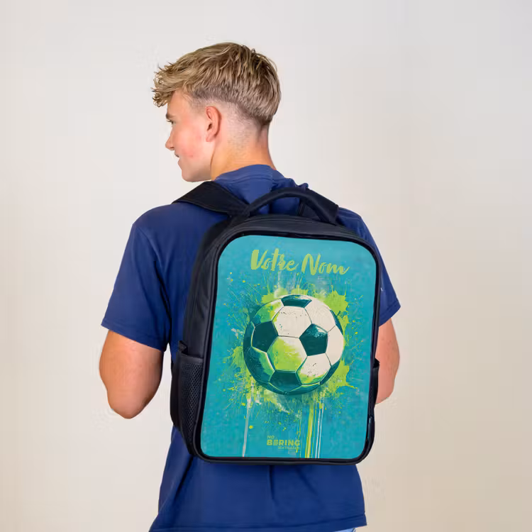 Sac à dos enfant avec votre nom - Noir - Vibrations footballistiques - Éclaboussures de peinture - Vert - Bleu — 5