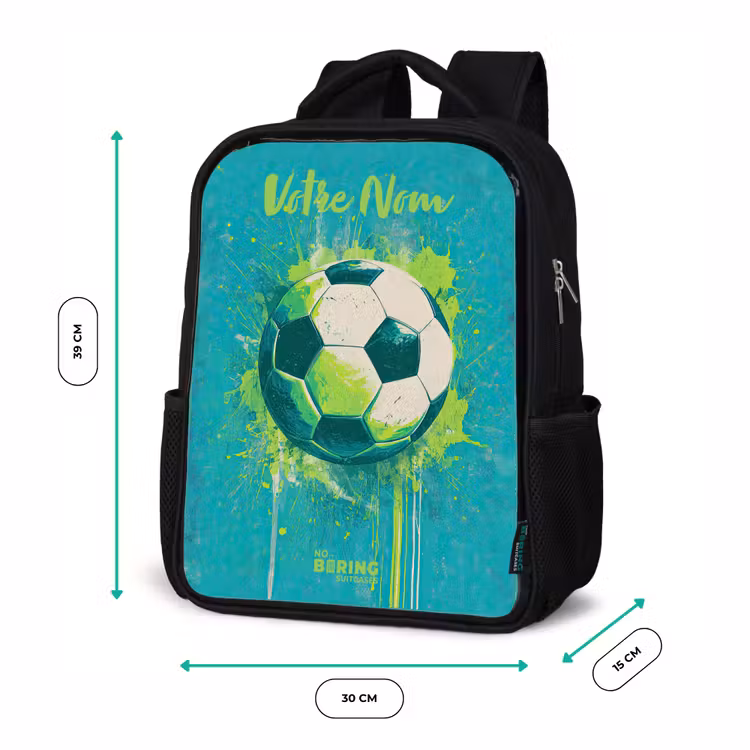 Sac à dos enfant avec votre nom - Noir - Vibrations footballistiques - Éclaboussures de peinture - Vert - Bleu — 8