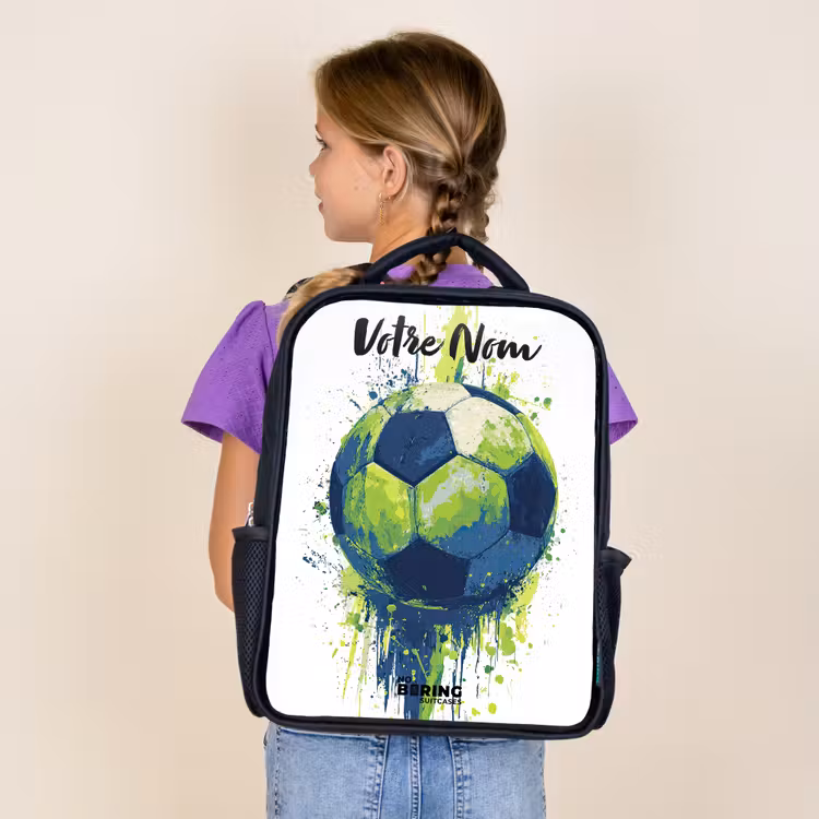 Sac à dos enfant avec votre nom - Noir - Vibrations footballistiques - Peinture - Vert - Bleu — 4