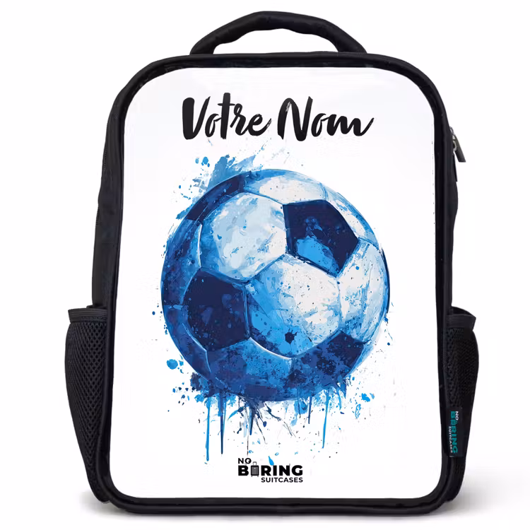 Sac à dos enfant avec votre nom - Noir - Vibrations footballistiques - Taches d'encre - Bleu — 1