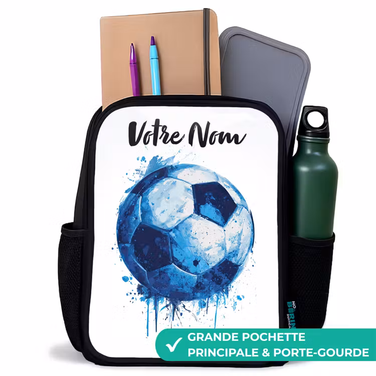 Sac à dos enfant avec votre nom - Noir - Vibrations footballistiques - Taches d'encre - Bleu — 10