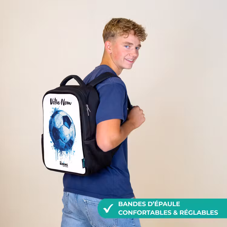 Sac à dos enfant avec votre nom - Noir - Vibrations footballistiques - Taches d'encre - Bleu — 11