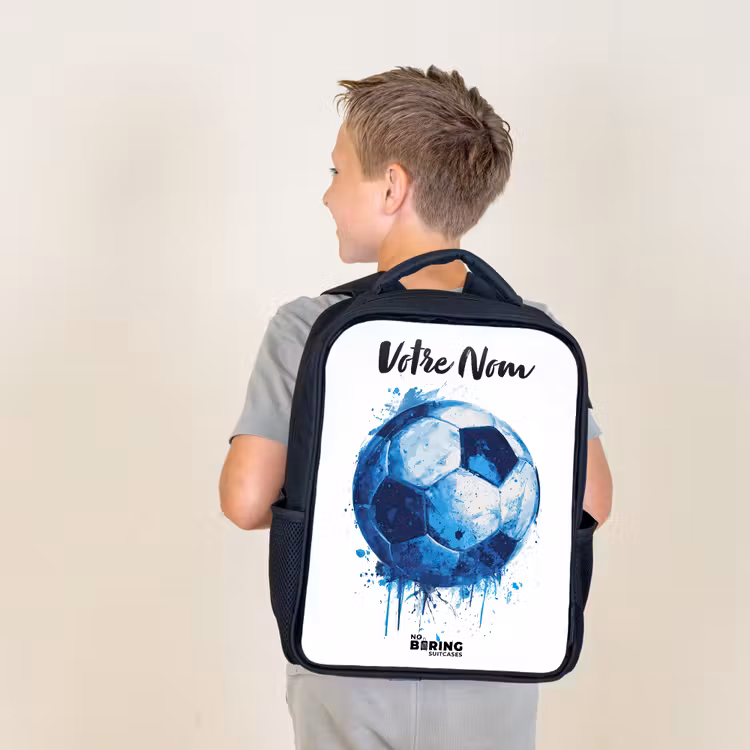 Sac à dos enfant avec votre nom - Noir - Vibrations footballistiques - Taches d'encre - Bleu — 2