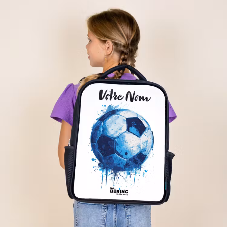 Sac à dos enfant avec votre nom - Noir - Vibrations footballistiques - Taches d'encre - Bleu — 4