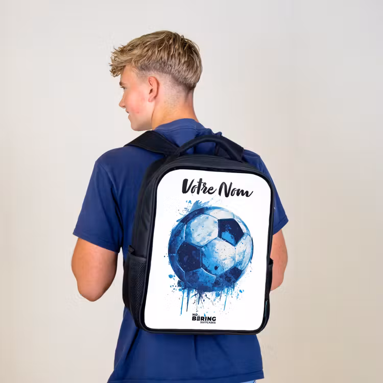 Sac à dos enfant avec votre nom - Noir - Vibrations footballistiques - Taches d'encre - Bleu — 5