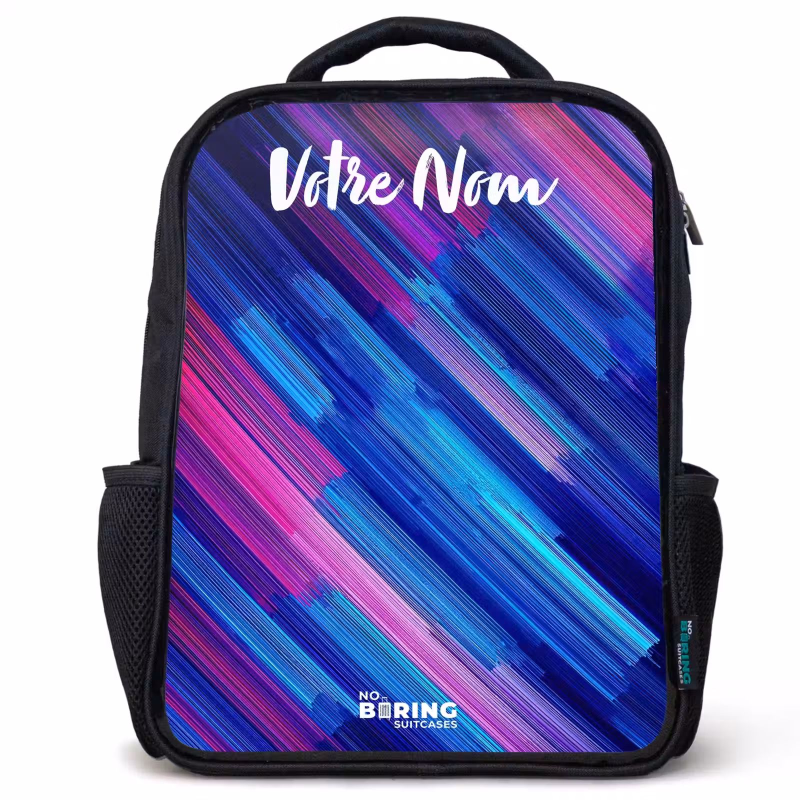 Sac à dos enfant avec votre nom - Noir - Néon - Rayures - Abstrait - Bleu - Rose — 1