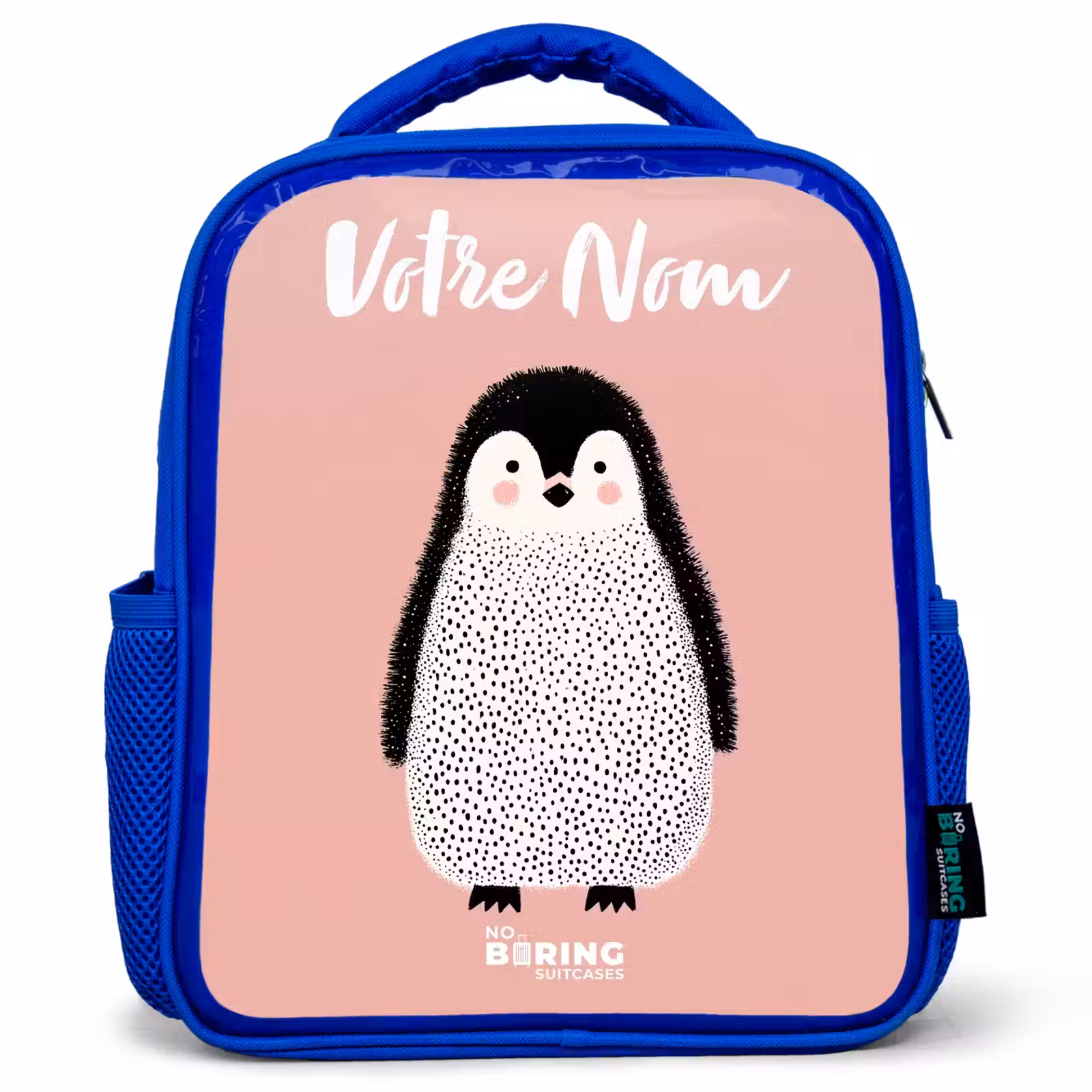 Sac à dos enfant avec votre nom - Bleu - Pingouin - Points - Rose - Minimaliste — 1