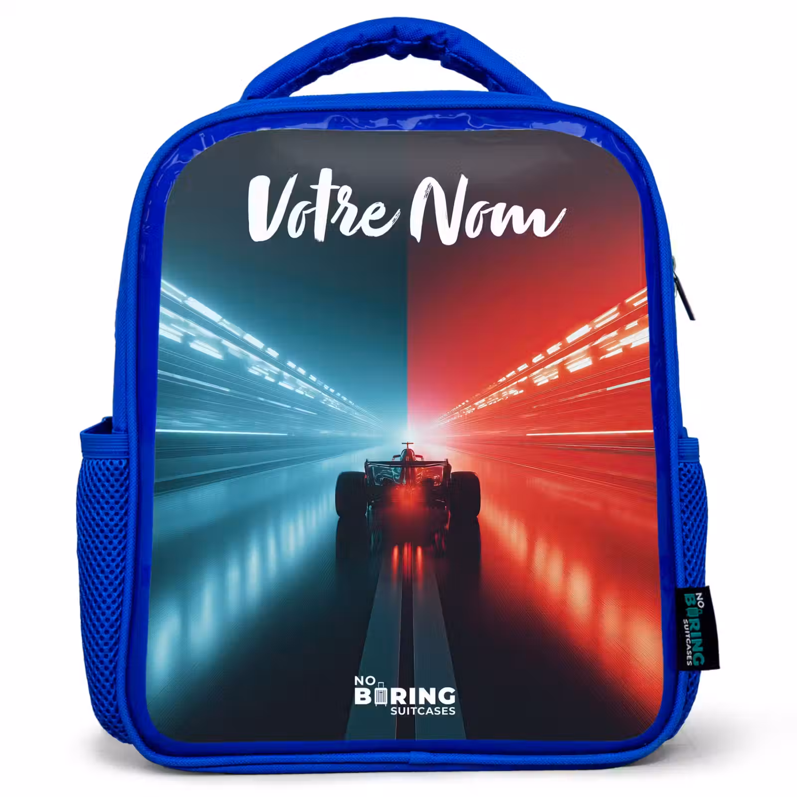 Sac à dos enfant avec votre nom - Bleu - Voiture de course - Eclairage - Néon - Rouge — 1