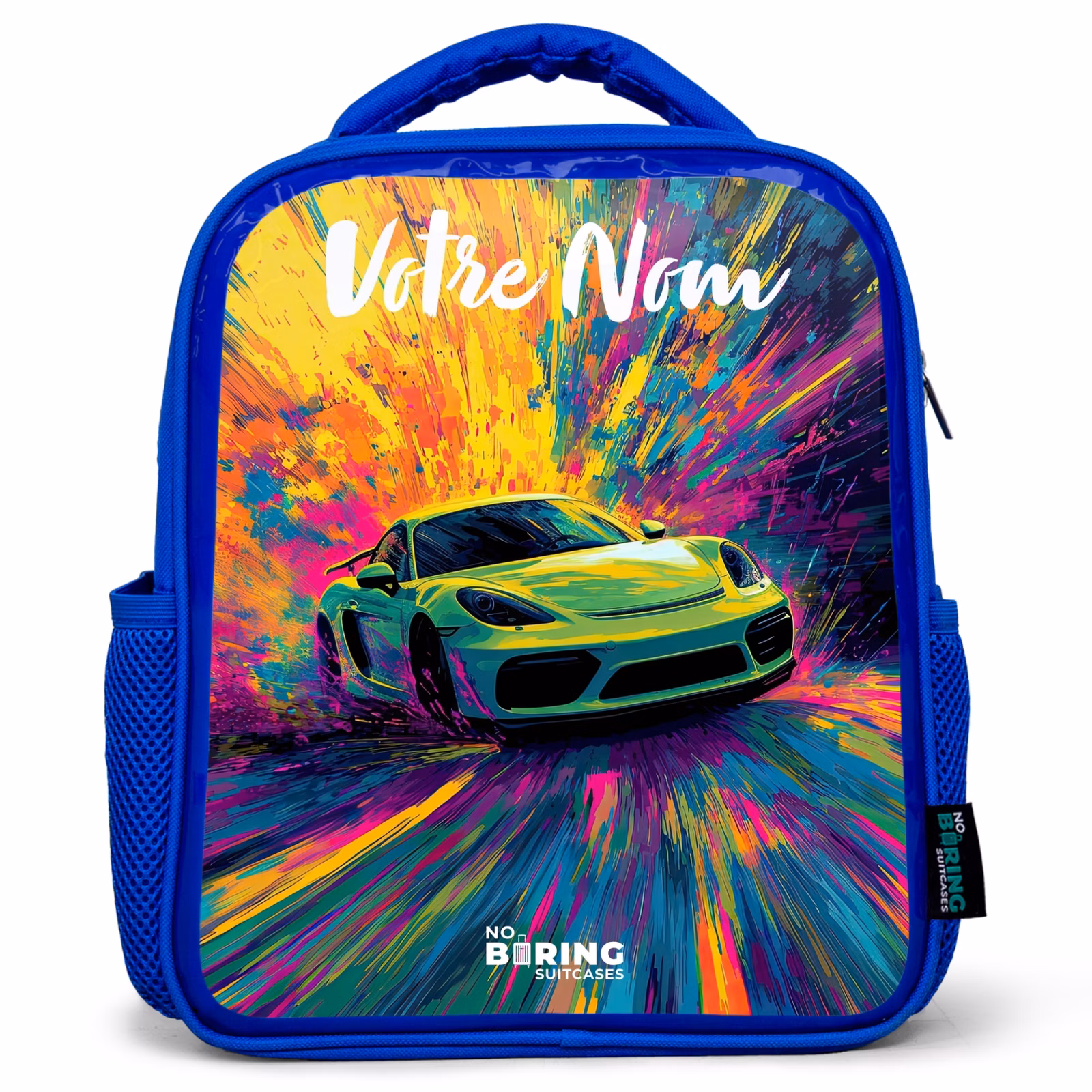 Sac à dos enfant avec votre nom - Bleu - Voiture de sport - Vert - Bandes de peinture - Couleurs — 1