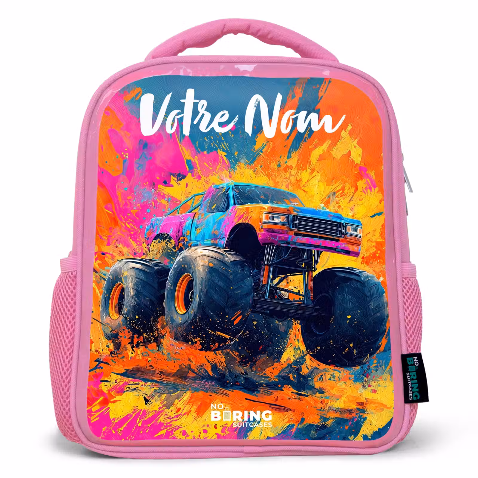Sac à dos enfant avec votre nom - Rose - Camion monstre - Abstrait - Éclaboussures de peinture - Coloré — 1