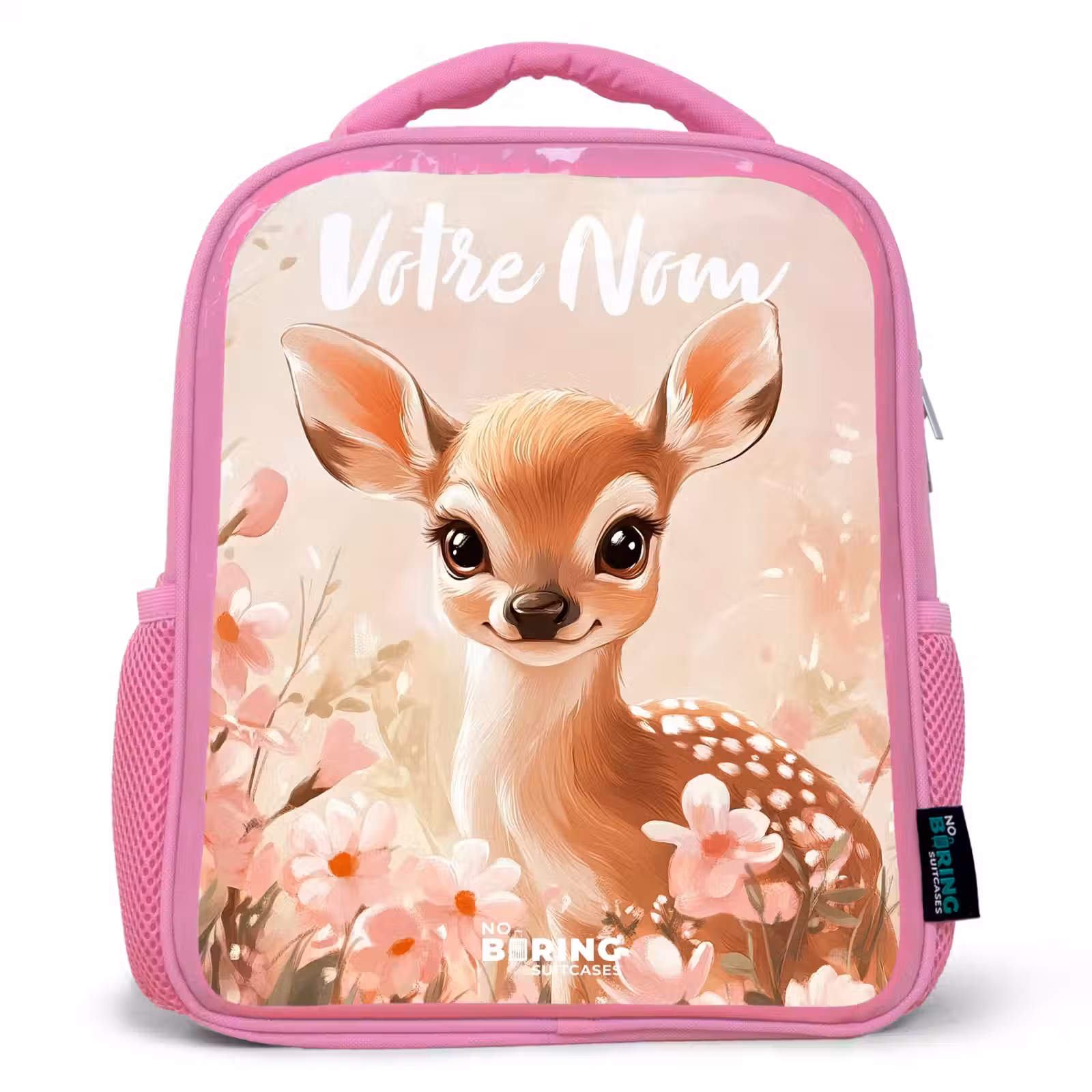 Sac à dos enfant avec votre nom - Rose - Cerf - Fleurs - Points - Rose — 1