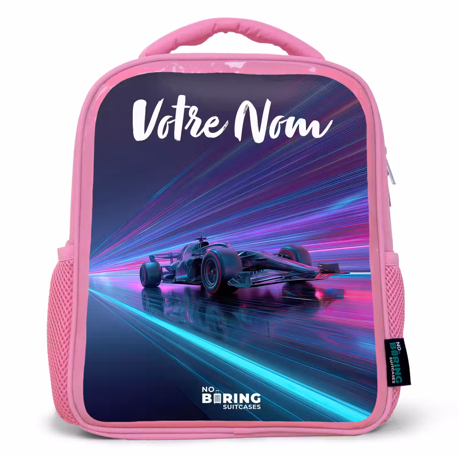 Sac à dos enfant avec votre nom - Rose - Faisceaux lumineux - Néon - Voiture de course - Violet — 1