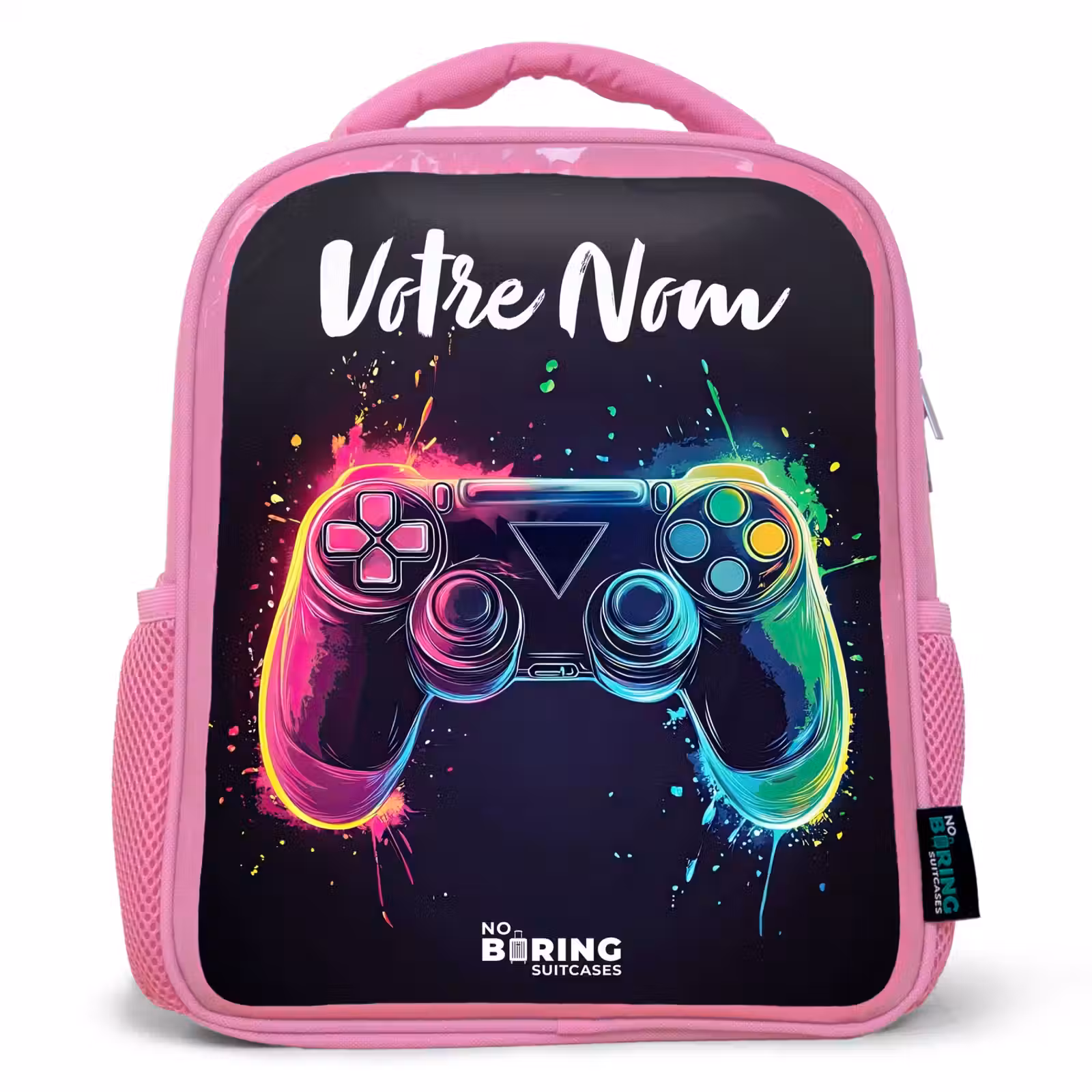 Sac à dos enfant avec votre nom - Rose - Néon - Contrôleur - Éclaboussures de peinture - Jeu — 1