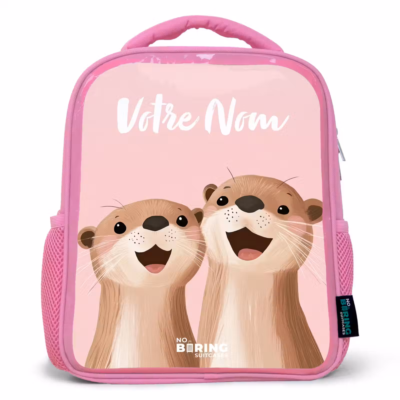 Sac à dos enfant avec votre nom - Rose - Sourire - Loutre - Rose - Illustration — 1