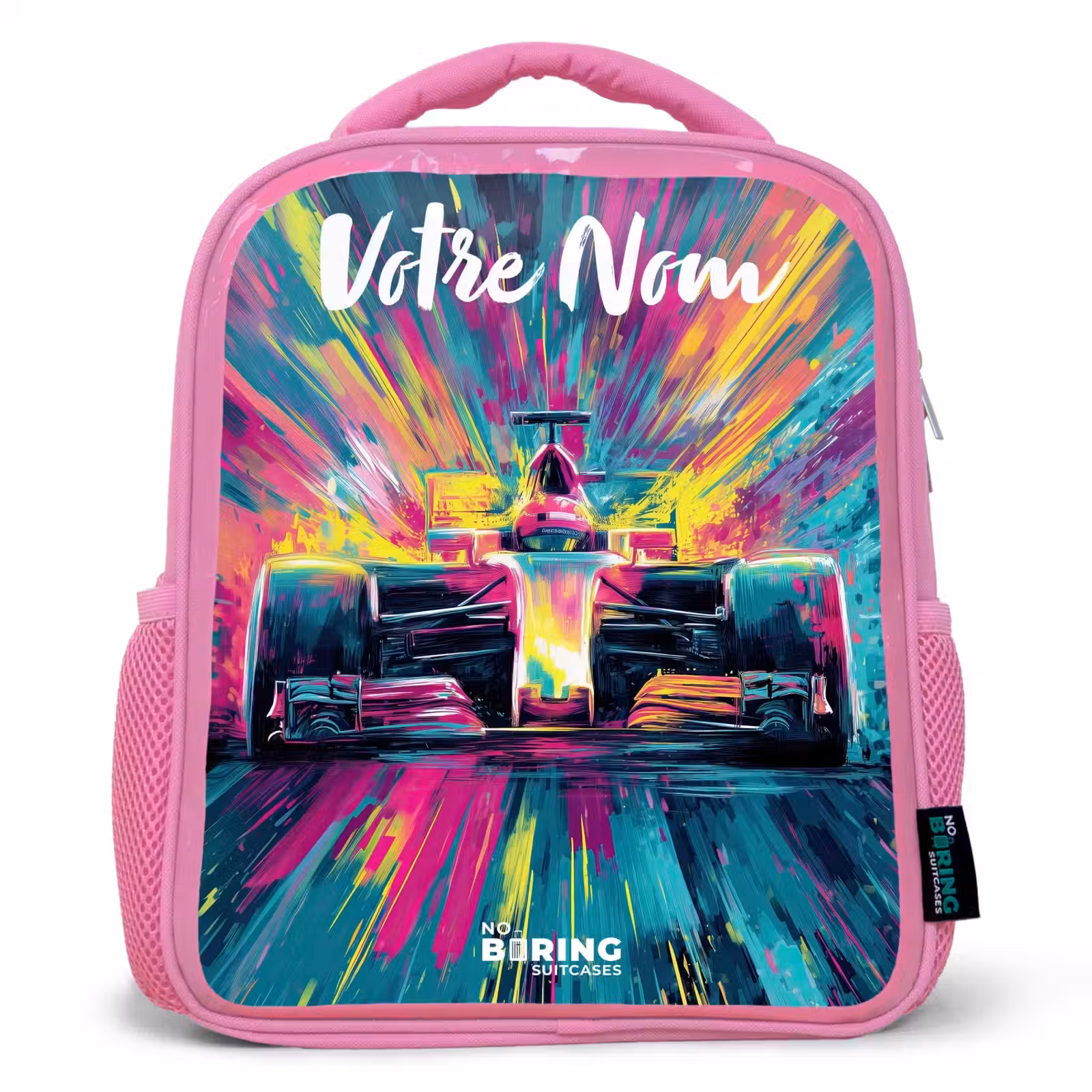 Sac à dos enfant avec votre nom - Rose - Voiture de course - Abstrait - Rayures - Bleu — 1
