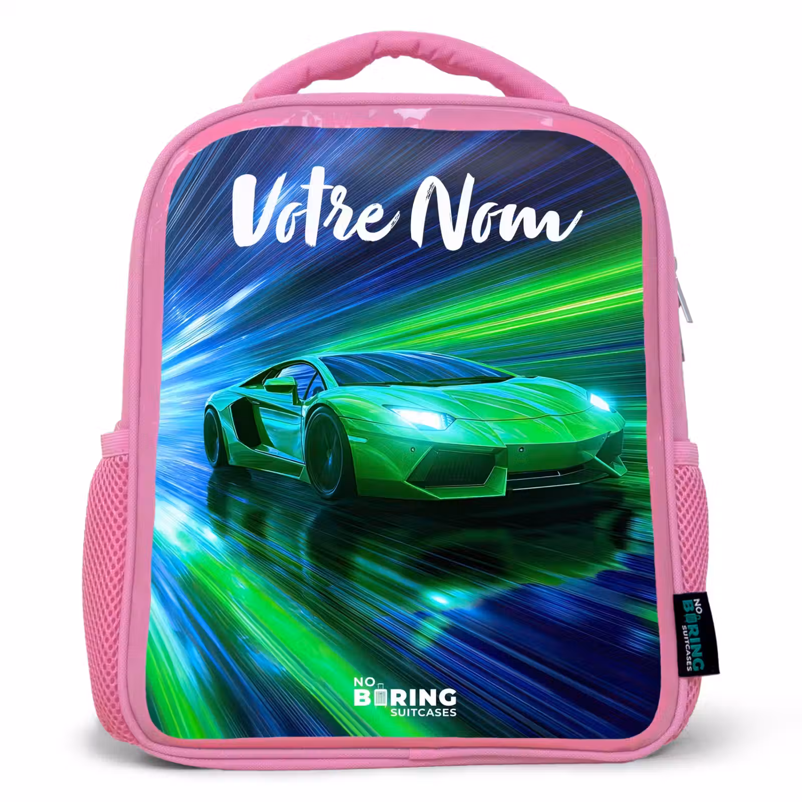 Sac à dos enfant avec votre nom - Rose - Voiture de sport - Vert - Lignes de vitesse - Néon — 1