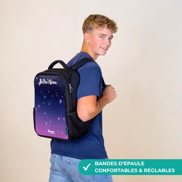 Sac à dos enfant avec votre nom - Noir - Étoiles - Galaxie - Bleu - Rose — 11