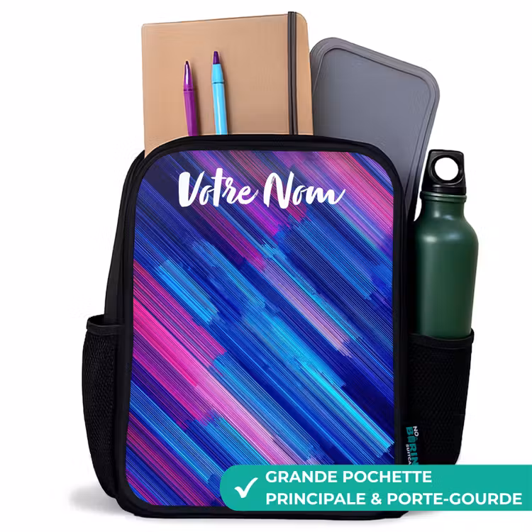 Sac à dos enfant avec votre nom - Noir - Néon - Rayures - Abstrait - Bleu - Rose — 10