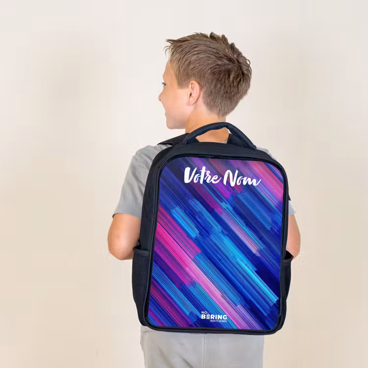 Sac à dos enfant avec votre nom - Noir - Néon - Rayures - Abstrait - Bleu - Rose — 2