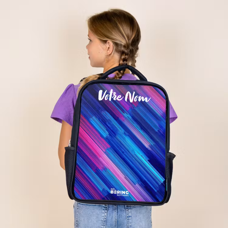 Sac à dos enfant avec votre nom - Noir - Néon - Rayures - Abstrait - Bleu - Rose — 4