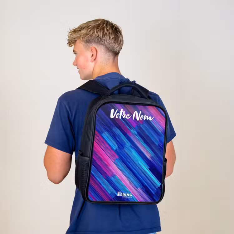 Sac à dos enfant avec votre nom - Noir - Néon - Rayures - Abstrait - Bleu - Rose — 5