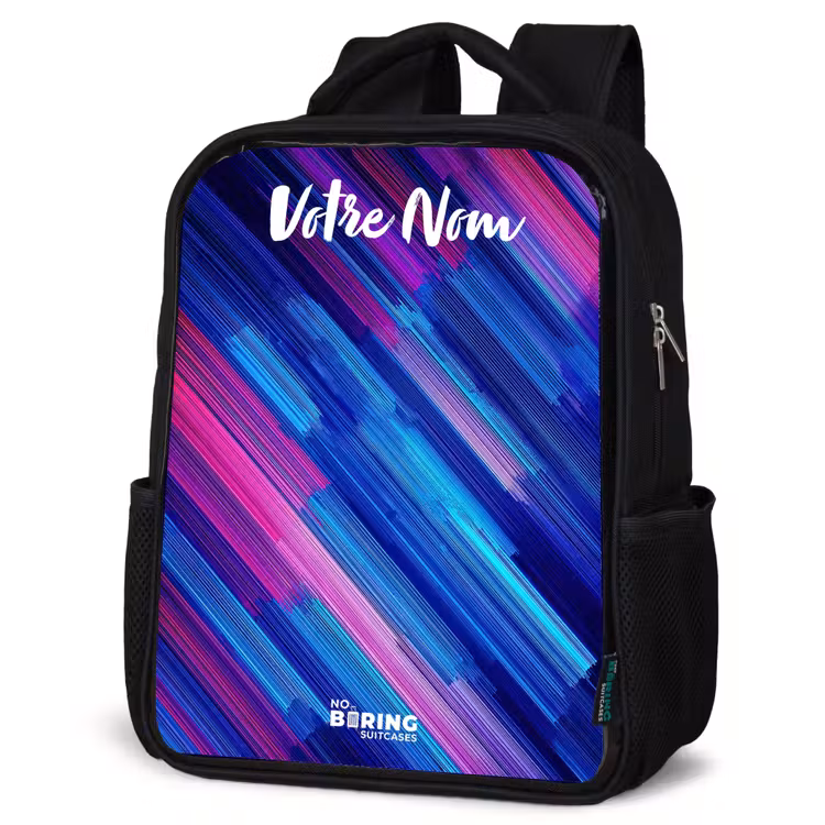 Sac à dos enfant avec votre nom - Noir - Néon - Rayures - Abstrait - Bleu - Rose — 6