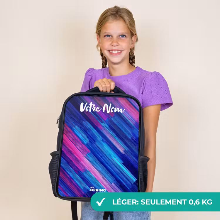 Sac à dos enfant avec votre nom - Noir - Néon - Rayures - Abstrait - Bleu - Rose — 9