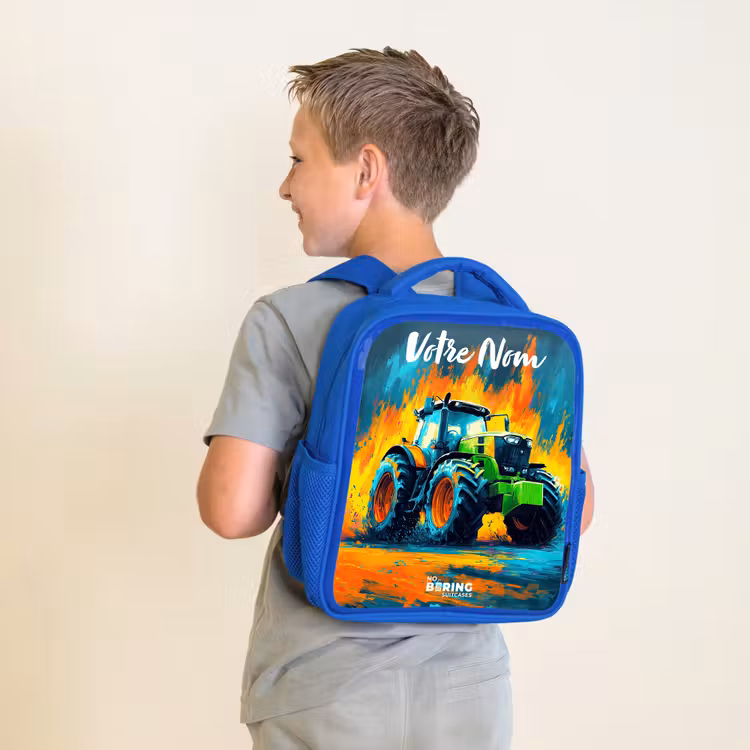 Sac à dos enfant avec votre nom - Bleu - Abstrait - Tracteur - Vert — 2