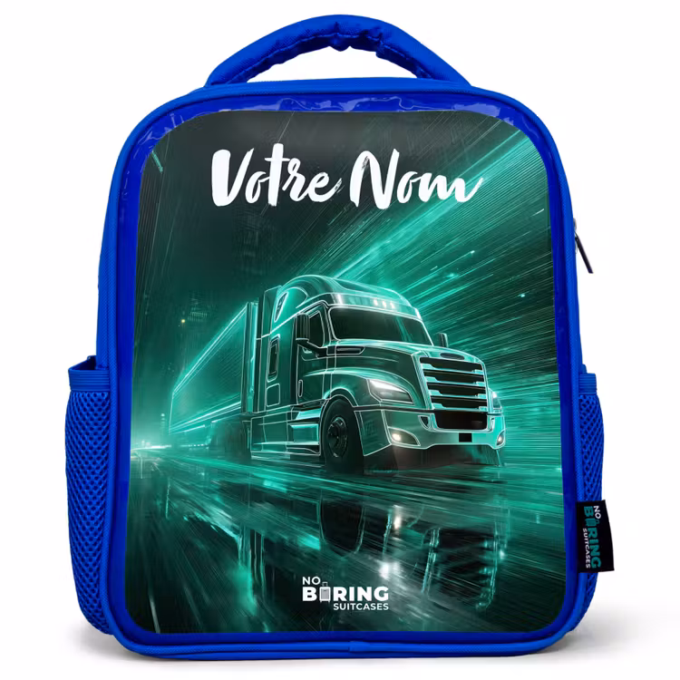 Sac à dos enfant avec votre nom - Bleu - Camion - Ville - Vert - Néon — 1