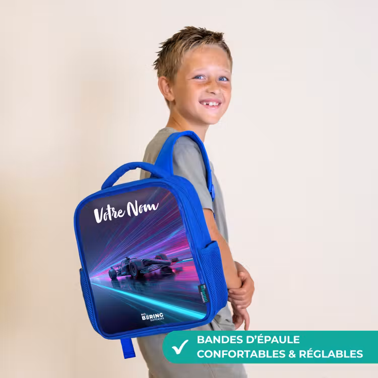 Sac à dos enfant avec votre nom - Bleu - Faisceaux lumineux - Néon - Voiture de course - Violet — 4