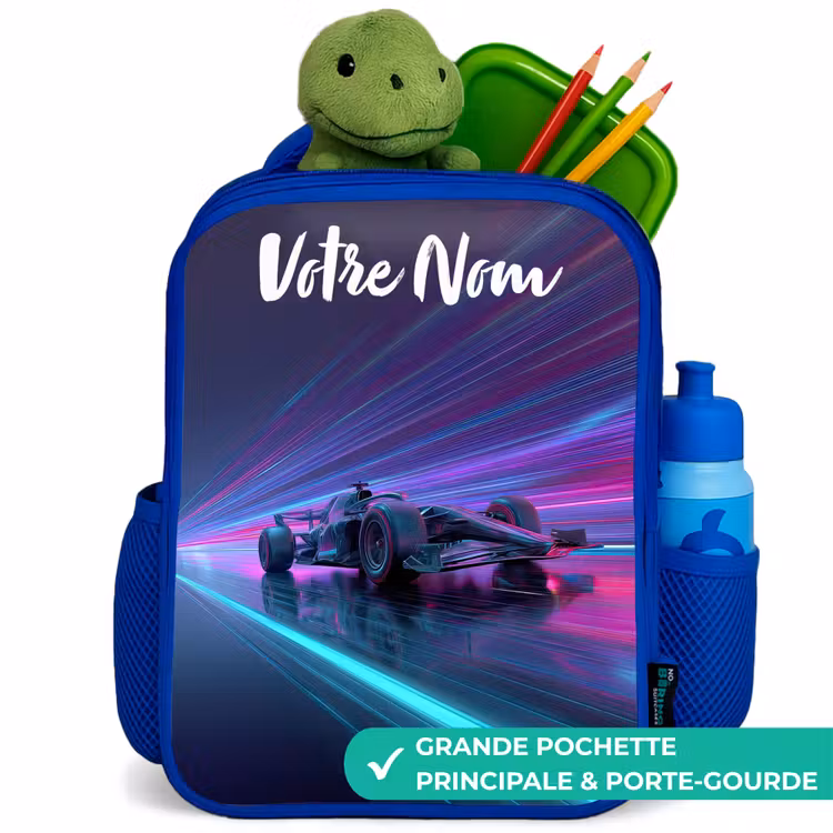 Sac à dos enfant avec votre nom - Bleu - Faisceaux lumineux - Néon - Voiture de course - Violet — 5