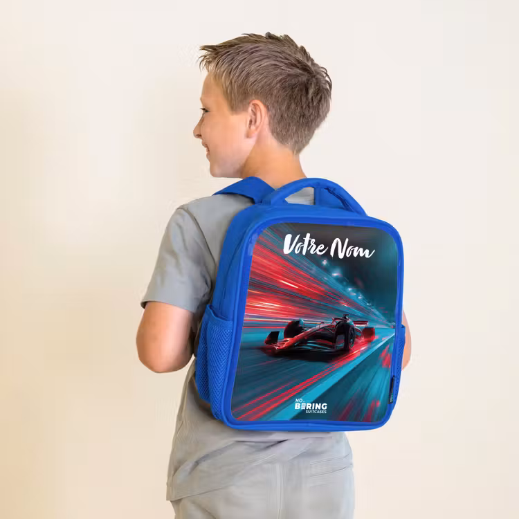 Sac à dos enfant avec votre nom - Bleu - Formule 1 - Voiture de course - Rouge - Néons — 2