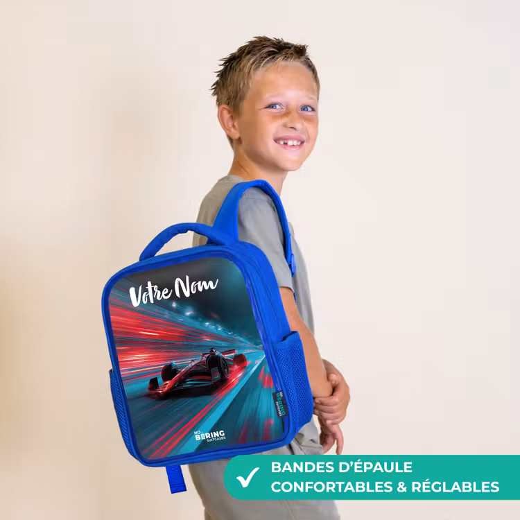Sac à dos enfant avec votre nom - Bleu - Formule 1 - Voiture de course - Rouge - Néons — 4