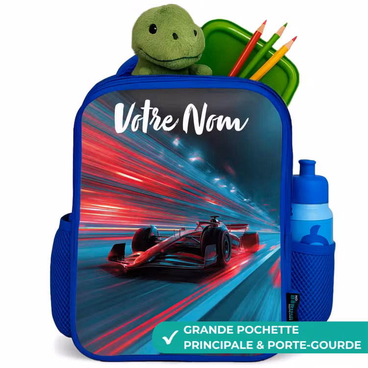 Sac à dos enfant avec votre nom - Bleu - Formule 1 - Voiture de course - Rouge - Néons — 5