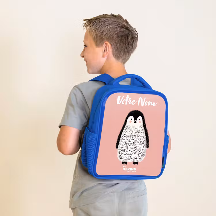Sac à dos enfant avec votre nom - Bleu - Pingouin - Points - Rose - Minimaliste — 2