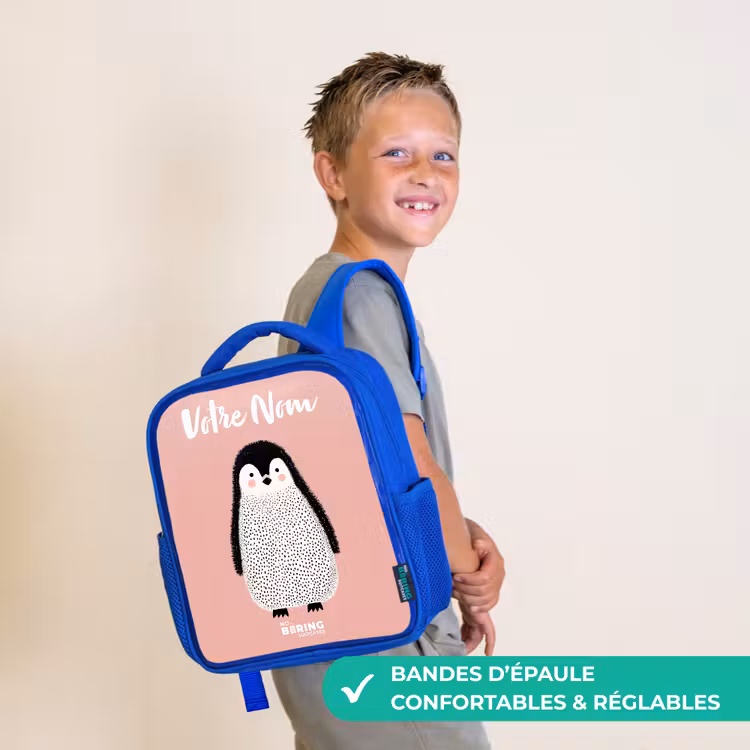 Sac à dos enfant avec votre nom - Bleu - Pingouin - Points - Rose - Minimaliste — 4