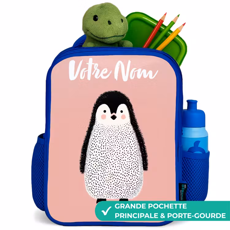 Sac à dos enfant avec votre nom - Bleu - Pingouin - Points - Rose - Minimaliste — 5