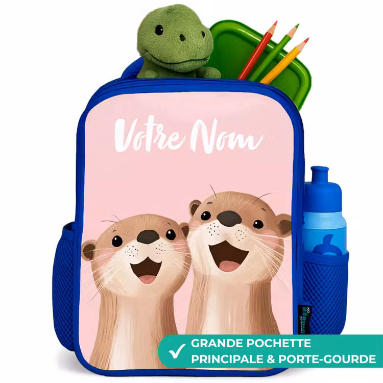 Sac à dos enfant avec votre nom - Bleu - Sourire - Loutre - Rose - Illustration — 5