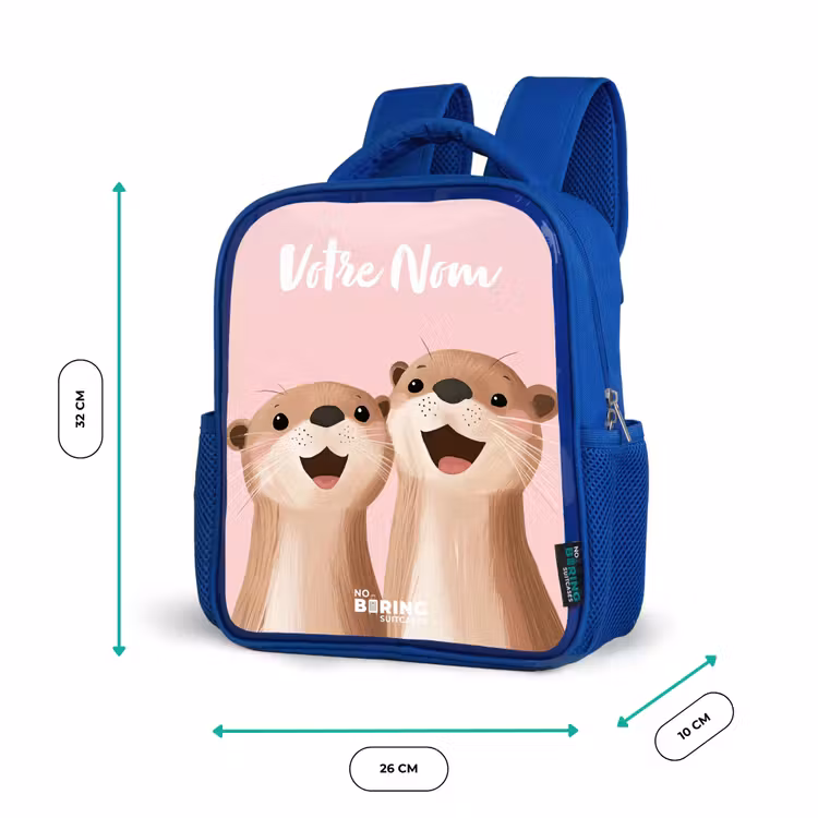 Sac à dos enfant avec votre nom - Bleu - Sourire - Loutre - Rose - Illustration — 6