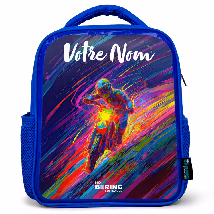 Sac à dos enfant avec votre nom - Bleu - Vélo de cross - Couleurs néon - Lignes - Casque — 1