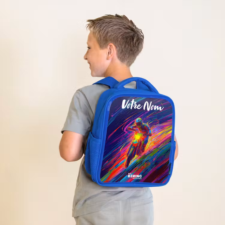 Sac à dos enfant avec votre nom - Bleu - Vélo de cross - Couleurs néon - Lignes - Casque — 2