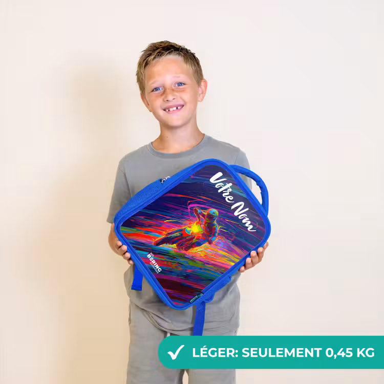 Sac à dos enfant avec votre nom - Bleu - Vélo de cross - Couleurs néon - Lignes - Casque — 3