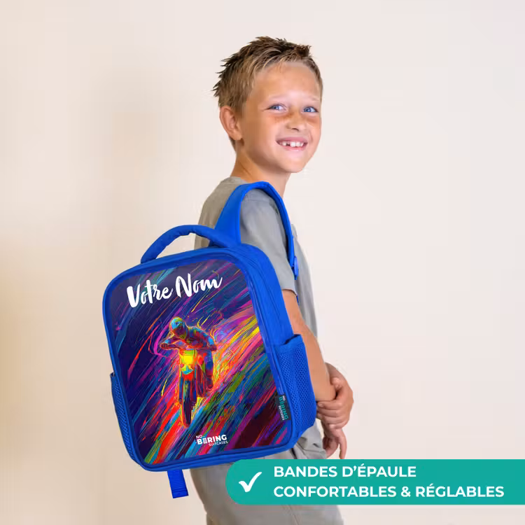 Sac à dos enfant avec votre nom - Bleu - Vélo de cross - Couleurs néon - Lignes - Casque — 4