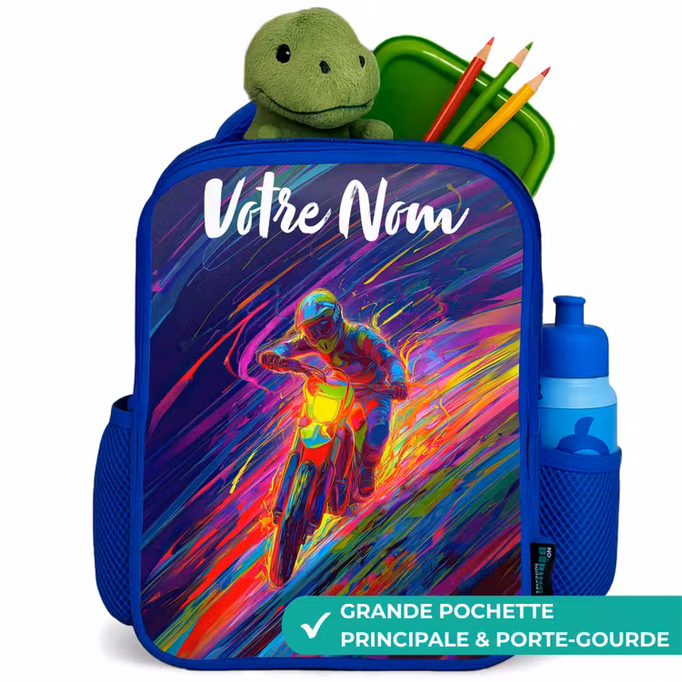Sac à dos enfant avec votre nom - Bleu - Vélo de cross - Couleurs néon - Lignes - Casque — 5