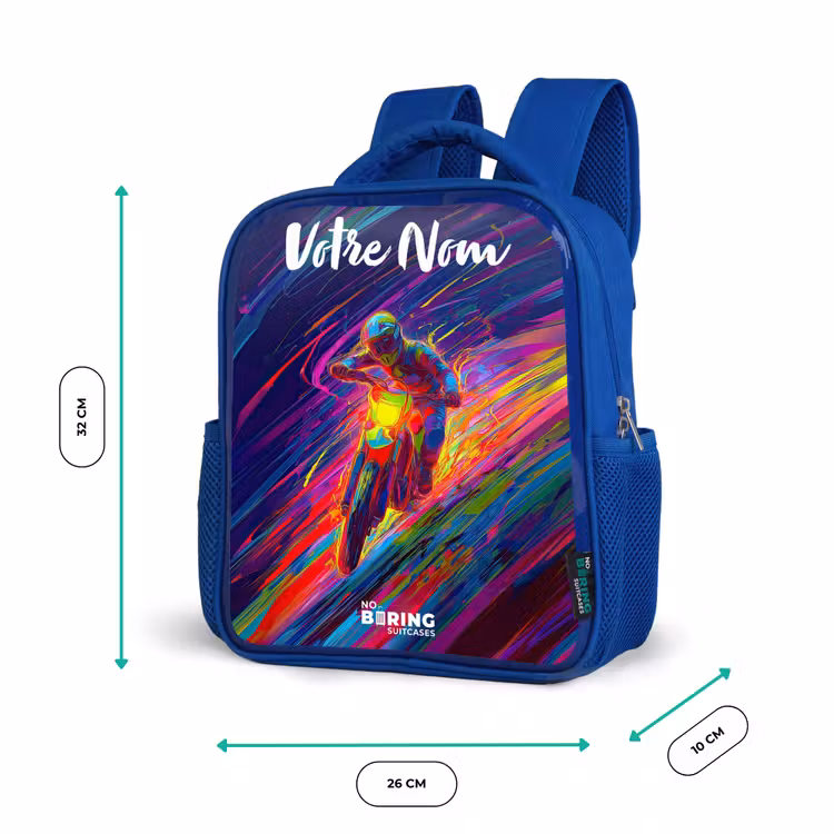 Sac à dos enfant avec votre nom - Bleu - Vélo de cross - Couleurs néon - Lignes - Casque — 6