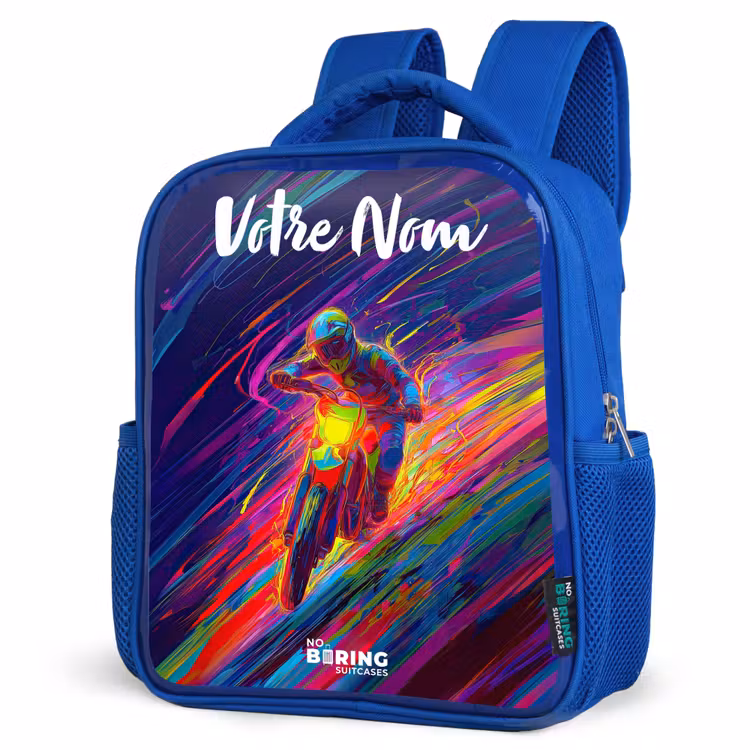 Sac à dos enfant avec votre nom - Bleu - Vélo de cross - Couleurs néon - Lignes - Casque — 7