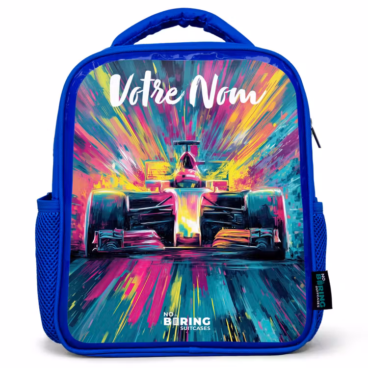 Sac à dos enfant avec votre nom - Bleu - Voiture de course - Abstrait - Rayures - Bleu — 1